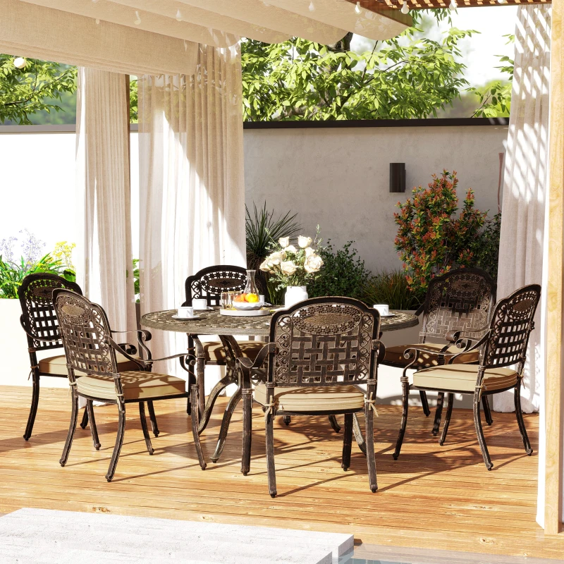 Outsunny 7 Pieces Outdoor Dining Set for 6, Aluminum Patio Table and Chairs Furniture Set with Umbrella Hole, Cushions, Bronze