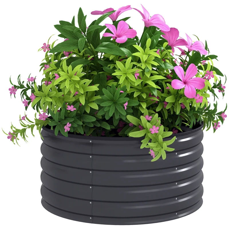 Outsunny Galvanized Raised Flower Bed, 3 x 3 x 1.5 ft Outdoor Metal Raised Bed with Safety Edging and Gloves, Dark Grey