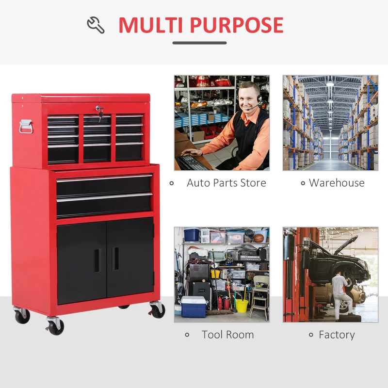 HOMCOM 6-Drawer Rolling Tool Chest, 2 in 1 Lockable Storage Cabinet with Hooks, Metal Tool Box for Garage, Workshop, Red