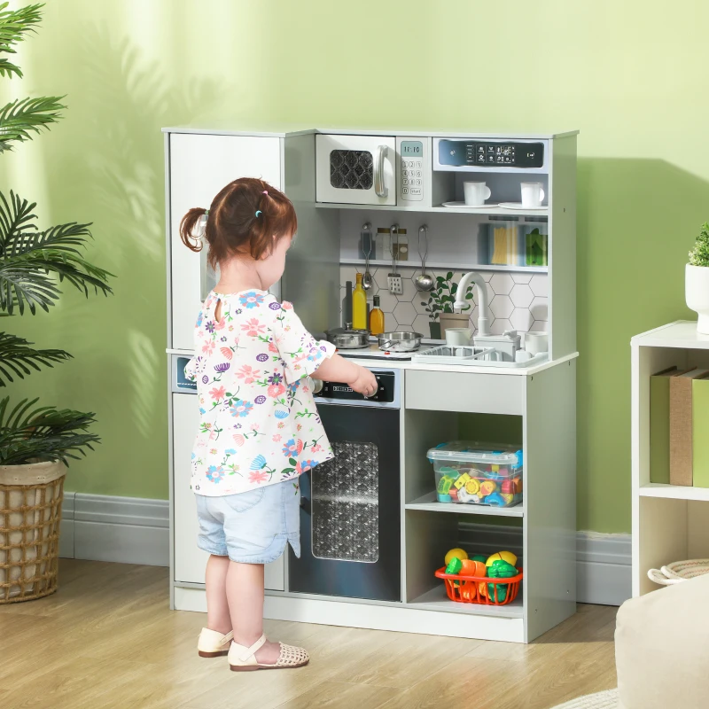 Qaba Play Kitchen, Kids Kitchen Playset w/ Lights, Sounds, Running Water, Coffee Machine, Ice Maker & Microwave for 3-8 Years