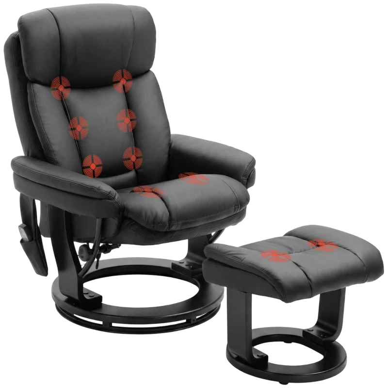 HOMCOM PU Leather Massage Recliner Chair with Ottoman, 10-Point Vibration, Swivel Armchair, Black