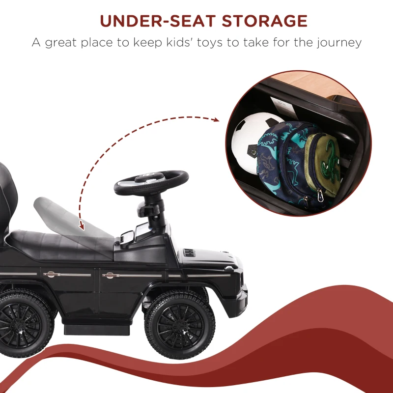 Aosom Mercedes-Benz G350 Licensed Push Car, 3-in-1 Toddler Sliding Car with Horn, Steering, Foot Rest, Seat Storage, Black