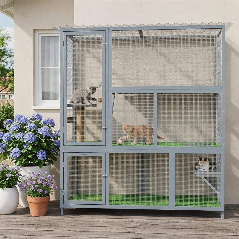 PawHut Catio Outdoor Cat Enclosure, 77" H Wooden Cat House with Weatherproof Roof, Platforms and Scratching Post