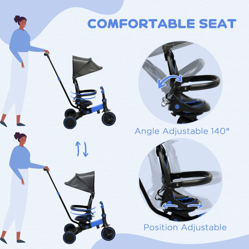 Qaba 3-in-1 Toddler Trike, Push Tricycle, & Balance Bike with Adjustable Settings, Toddler Push Bike, Blue