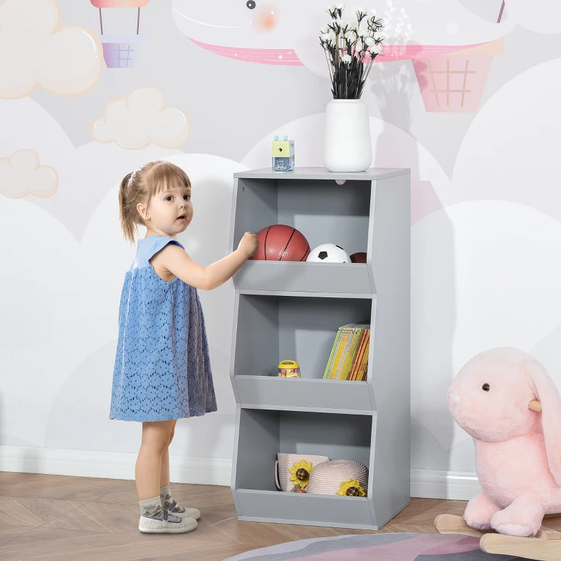 HOMCOM Kids Storage Cabinet with 3 Shelves, Anti-toppling Toy Storage Organizer for Play Room, Bedroom, Grey