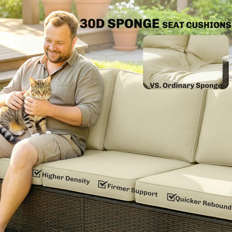 Outsunny 3 Seater Outdoor Couch Sofa, PE Wicker Patio Sofa, Wide Deep Seat, 4" Cushions, Wood-Effect Armrests Legs, Beige