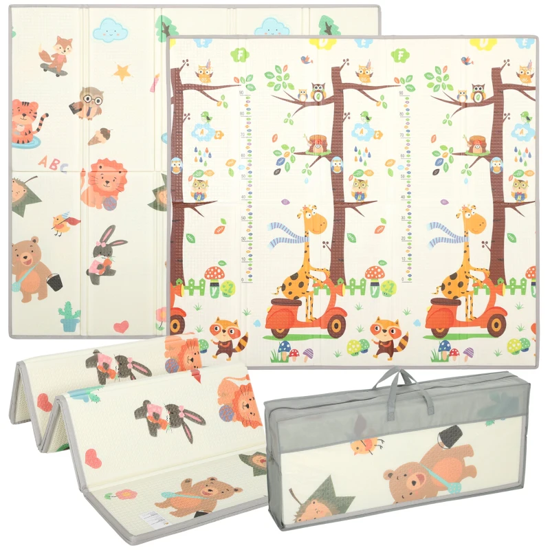 Qaba Foldable & Reversible Baby Play Mat, 79" x 71"Thick Play Mat for Floor, Waterproof Non-Slip, Giraffe & Woodland Animals