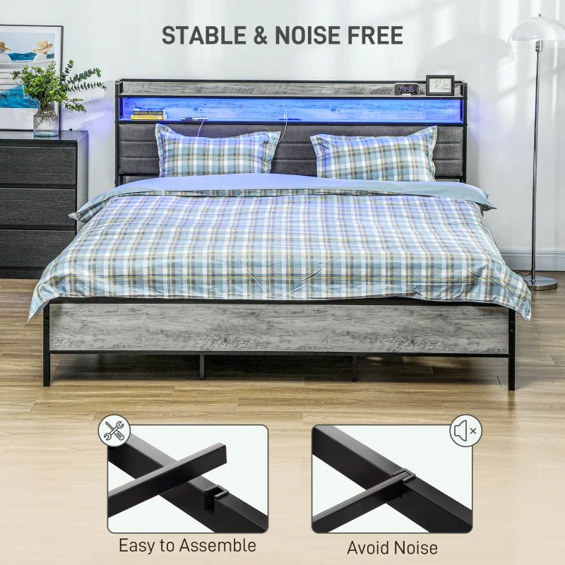 HOMCOM King Bed Frame with Storage Upholstered Headboard, King Size Bed Frame with LED Lights, Charging Station, Cement Gray