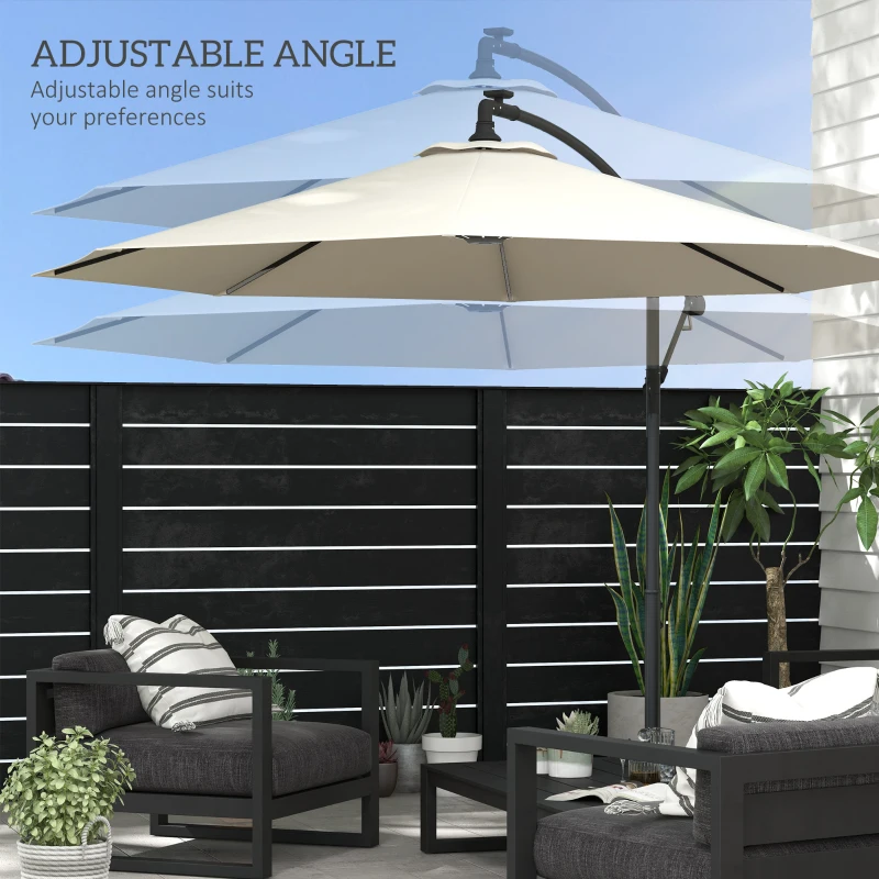 Outsunny 10ft Outdoor Cantilever Hanging Offset Umbrella with Solar LED Lights, Crank, Cross Base, Aluminum Frame, Beige