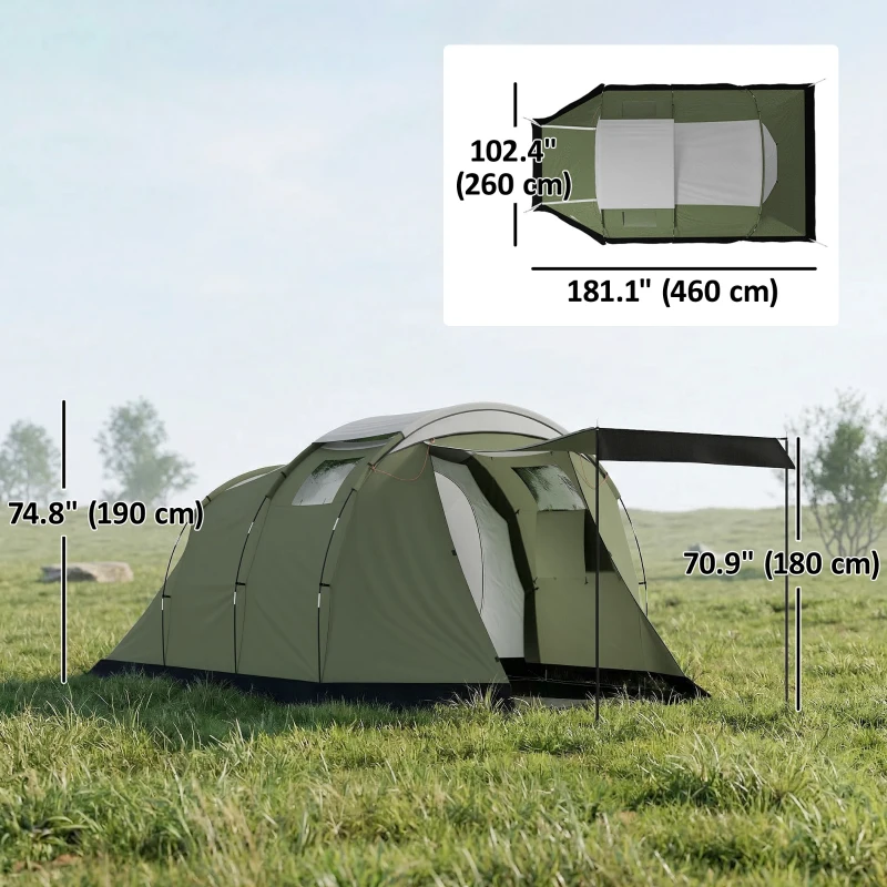 Outsunny Camping Tent Waterproof Camping Tent with Two Room for 3-4 Person Waterproof, Green