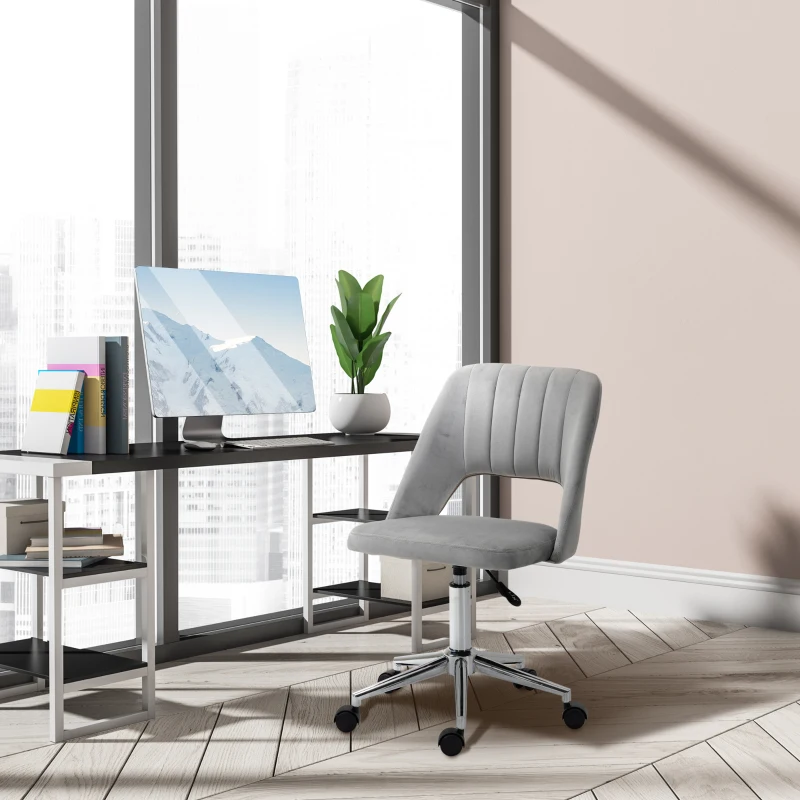 Vinsetto Modern Mid Back Office Chair with Velvet Fabric, Swivel Computer Armless Desk Chair with Hollow Back Design for Home Office, Grey
