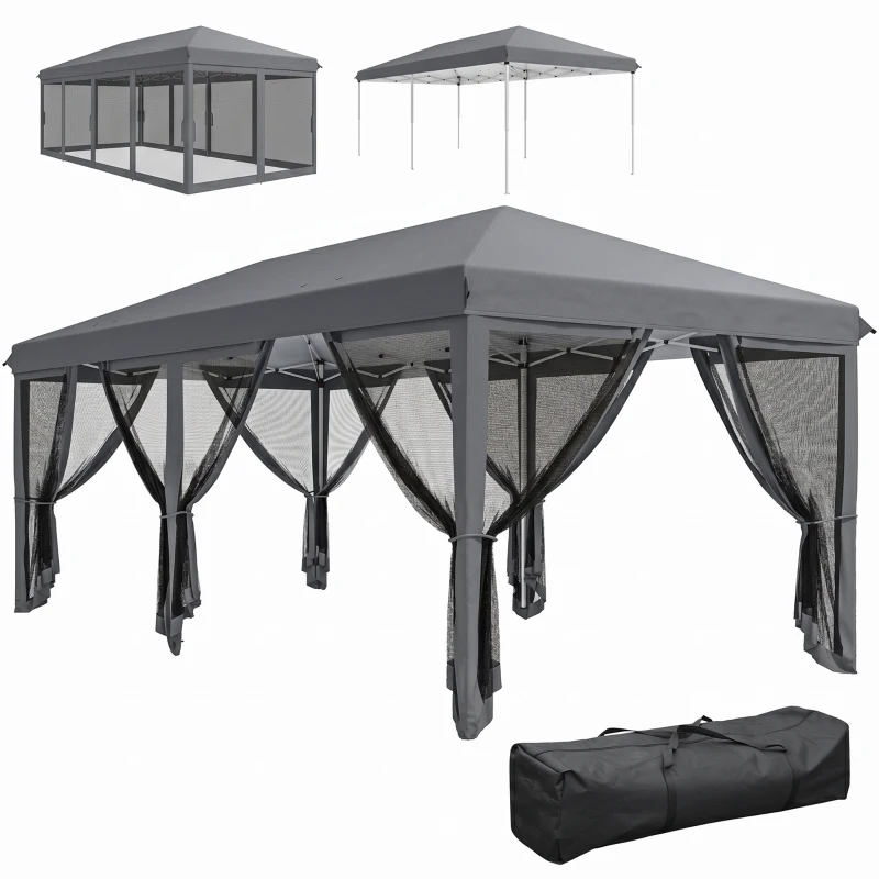 Outsunny 10' x 20' Pop Up Canopy Tent Gazebo with Removable Mesh Sidewall Netting, Carry Bag for Backyard Patio Outdoor, Grey