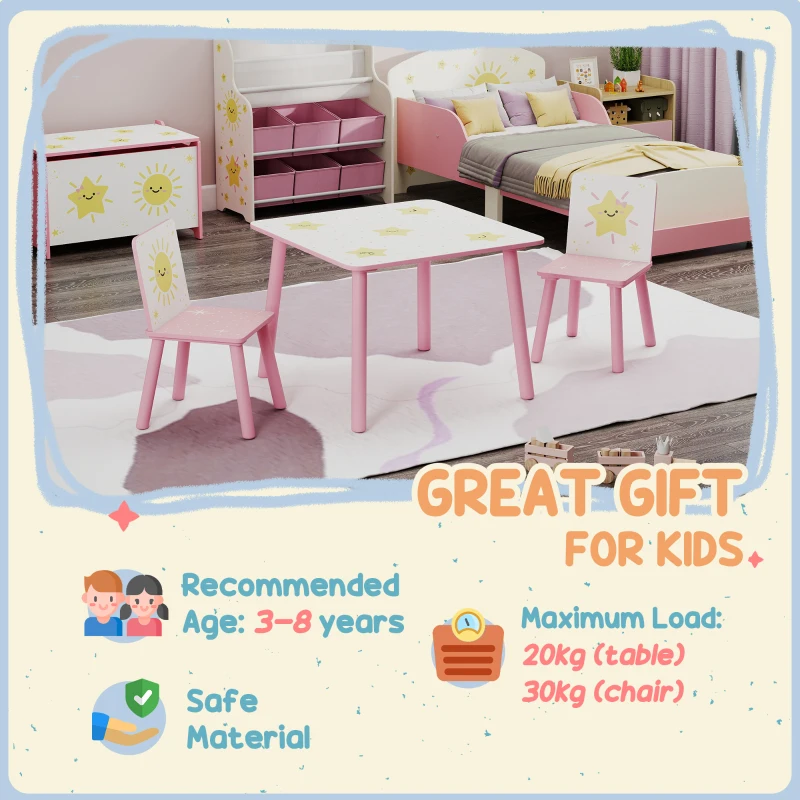 Qaba 3-Piece Kids Toddler Table and Chair Set Furniture for Boys and Girls Aged 3-8, Bedroom, Nursery, Playroom, Pink