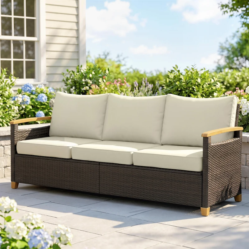 Outsunny 3 Seater Outdoor Couch Sofa, PE Wicker Patio Sofa, Wide Deep Seat, 4" Cushions, Wood-Effect Armrests Legs, Beige