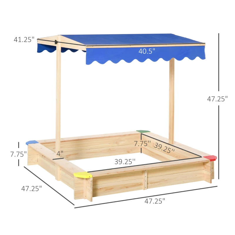 Outsunny Wooden Sandbox w/ Adjustable Canopy, Children Outdoor Playset Weather Resistant 47" L x 47" W x 47" H, Natural & Blue