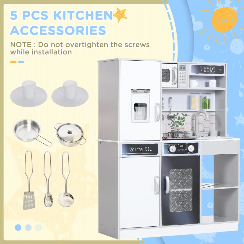 Qaba Play Kitchen, Kids Kitchen Playset w/ Lights, Sounds, Running Water, Coffee Machine, Ice Maker & Microwave for 3-8 Years