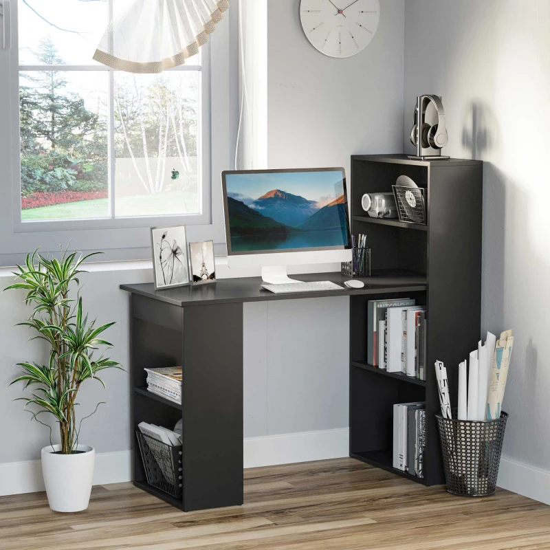 HOMCOM Modern Computer Desk with Storage Shelves, 47" Writing Table Workstation with Bookshelf for Home Office, Black