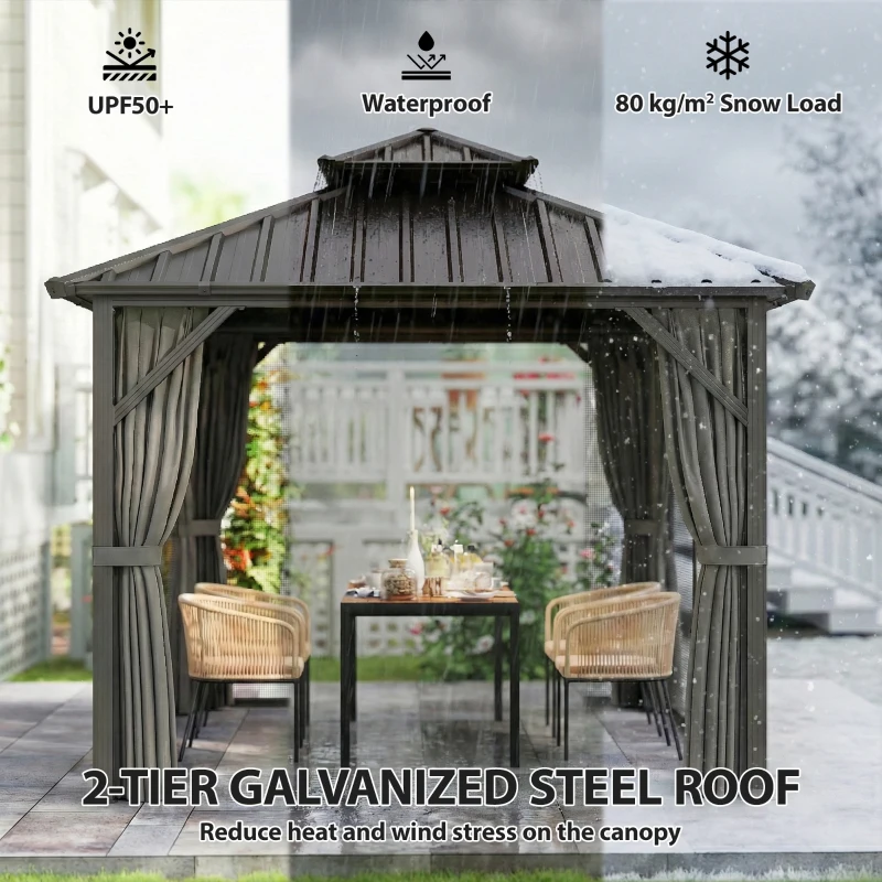 Outsunny 10' x 10' Hardtop Gazebo Canopy with Double Galvanized Steel Roof, Aluminium Frame Permanent Outdoor Gazebo, Dark Grey