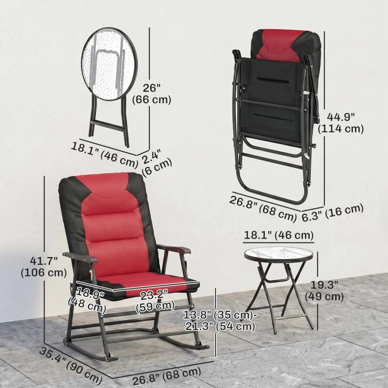 Outsunny 3pc Patio Foldable Rocking Chair Set, Outdoor Rocking Chairs and Table Bistro Set w/ Padded Seat, Headrest, Backrest for park, backyard, garden, Red