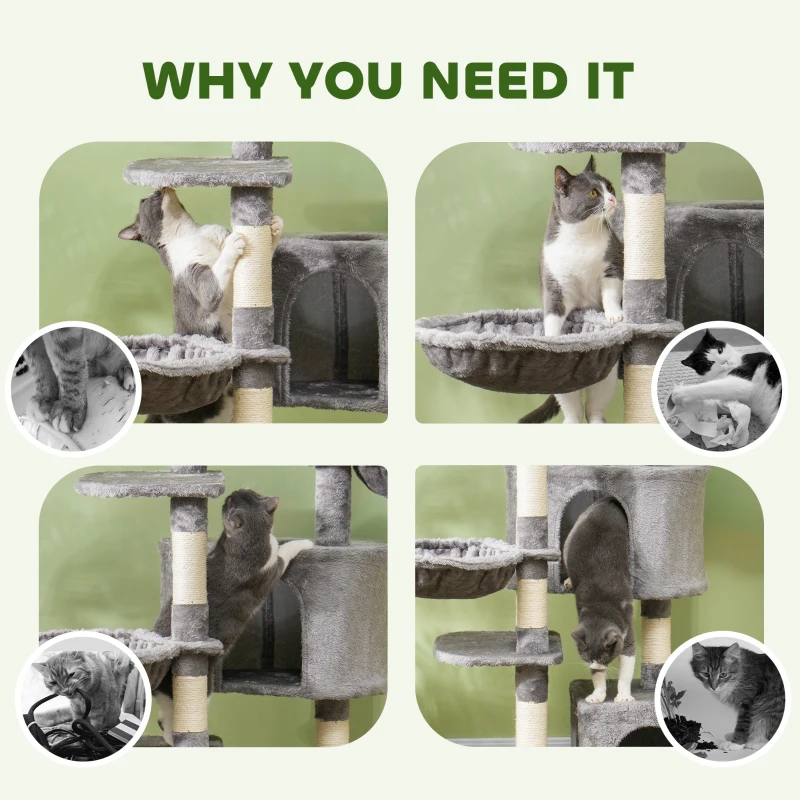 PawHut 52.5" Cat Tree Tower with Scratching Posts, Cat Condos, Bed, Platforms, Hammocks, for Indoor Cats, Grey