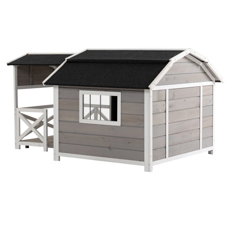 PawHut Outdoor Dog House Cabin Style, Wooden Raised Dog Shelter with Asphalt Roof, Front Door, Side Window, Porch for Medium to Large Dogs, Gray