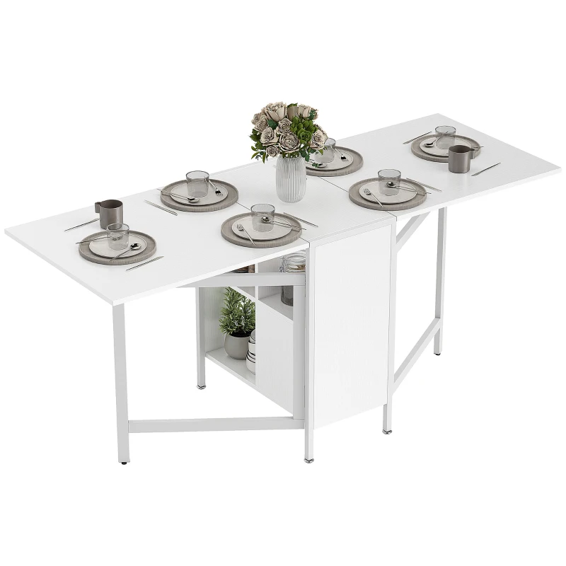 HOMCOM Multi-use Foldable Table with Hideaway Shelves, Drop Leaf Table for Kitchen, Dining, Study and Office, White