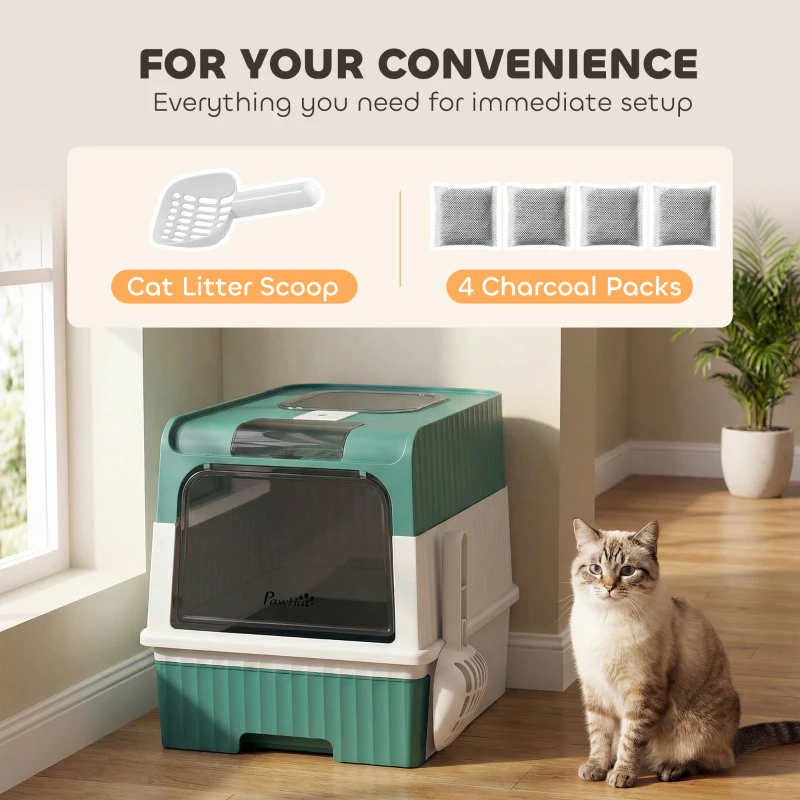 PawHut Cat Litter Box Hooded Cat Litter Tray with Drawer Pan Front Entry & Top Exit Easy Cleaning Teal