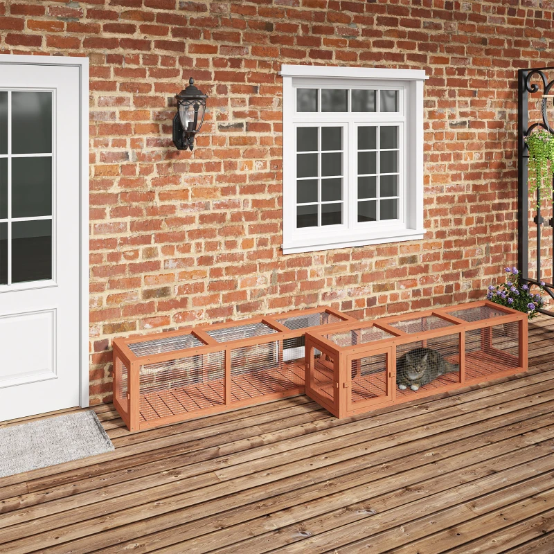 PawHut Outdoor Cat Tunnel with Extendable Design, 59" L Wooden Cat Run with Weather Protection, Connecting Inside and Outside, for Deck Patios, Balconies, Orange