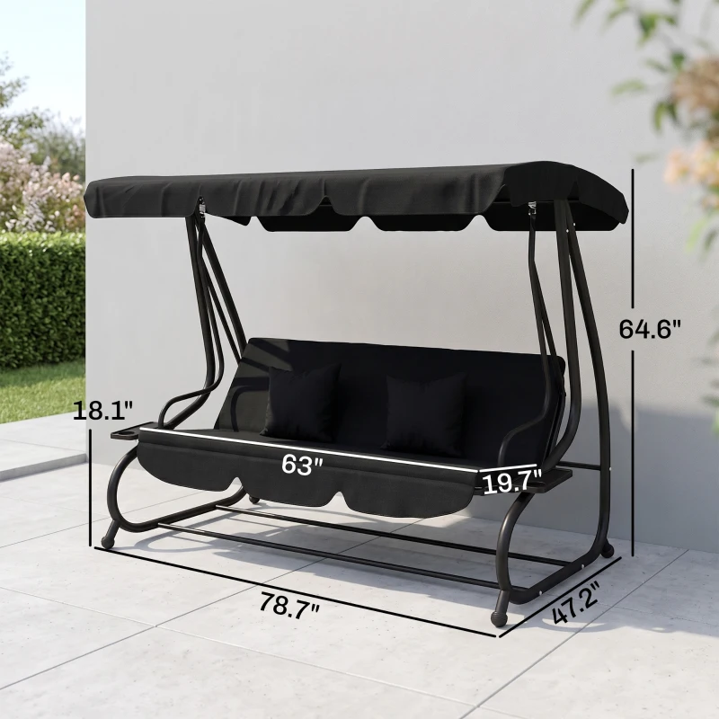 Outsunny 3-Seat Outdoor Patio Swing Chair, Converting Flatbed, Outdoor Swing Glider with Adjustable Canopy, Black