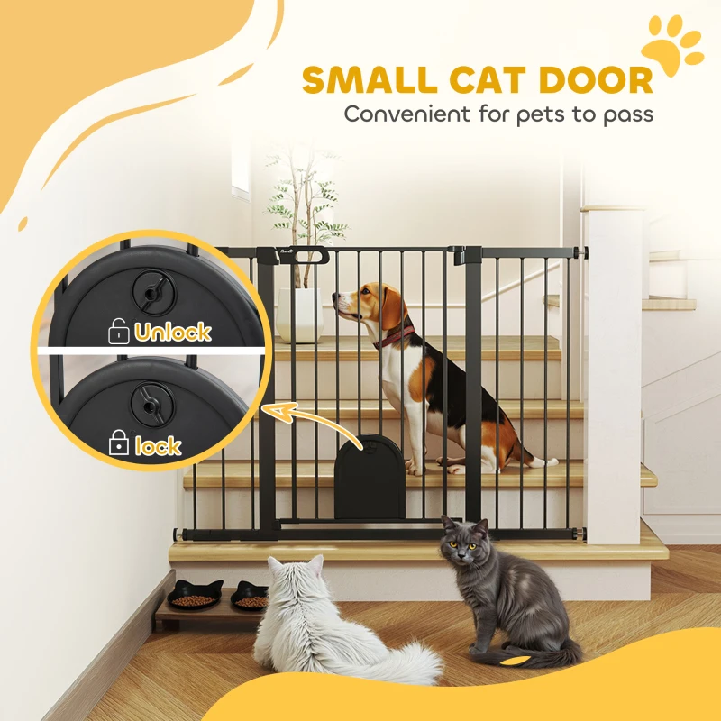 PawHut 30"-52" Extra Wide Pet Gate Barrier with Small Door, 35"H Dog Gate with Safety Gate Barrier, Stair Pressure Fit, Black
