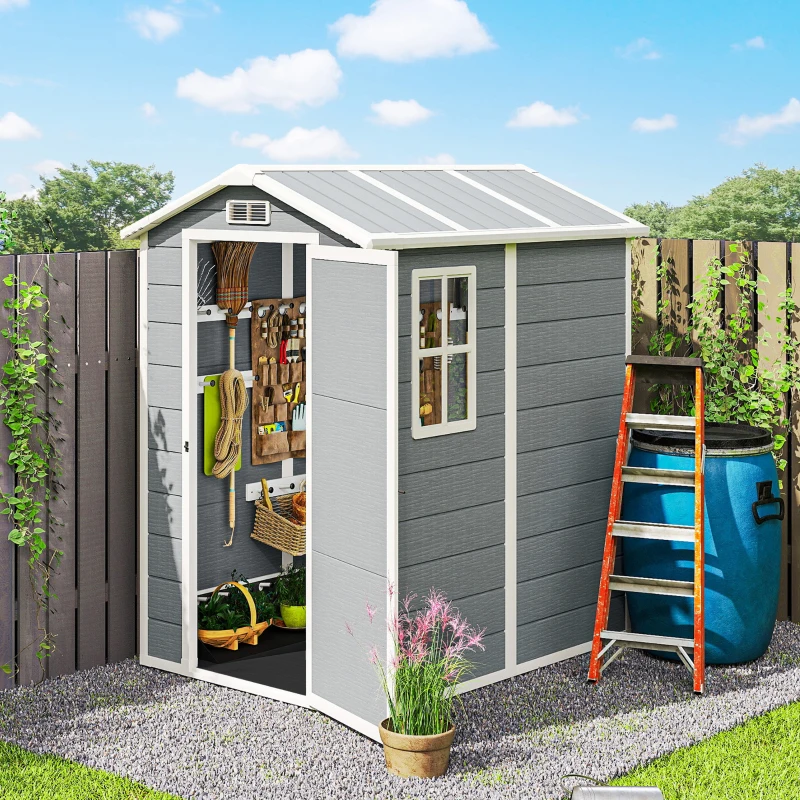 Outsunny 4' x 6' Outdoor Storage Shed, Plastic Shed with Floor, Window, Lockable Door and Vents for Outdoor Patio Storage, Gray