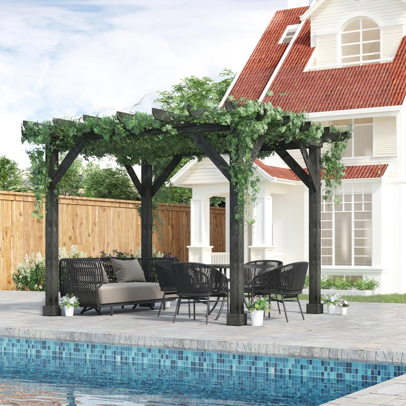 Outsunny 12' x 10' Patio Pergola, Weather-Resistant Cedar Wood, Backyard Cover for Porch Party, Grape Garden, Vineyard, Ivy Vine, or Climbing Plants, Black