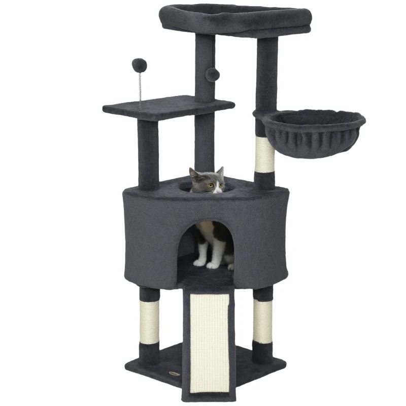 PawHut 47 Inch Cat Tree, Cat Tower for Indoor Cats with Cozy Condo, Bed, Toy Balls, Sisal Scratching Posts, Hammock, Dark Grey