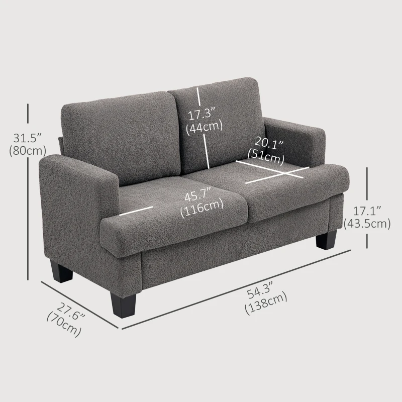 HOMCOM 54.3" Loveseat Sofa, 2 Seater Sofa with Removable Cushions, Small Couch with Solid Wood Frame for Living Room, Dark Grey