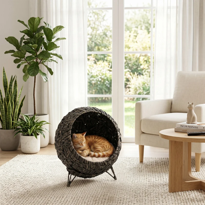 PawHut Rattan Cat Bed, Elevated Handwoven Cat Basket Bed with Soft Cushion and Metal Base