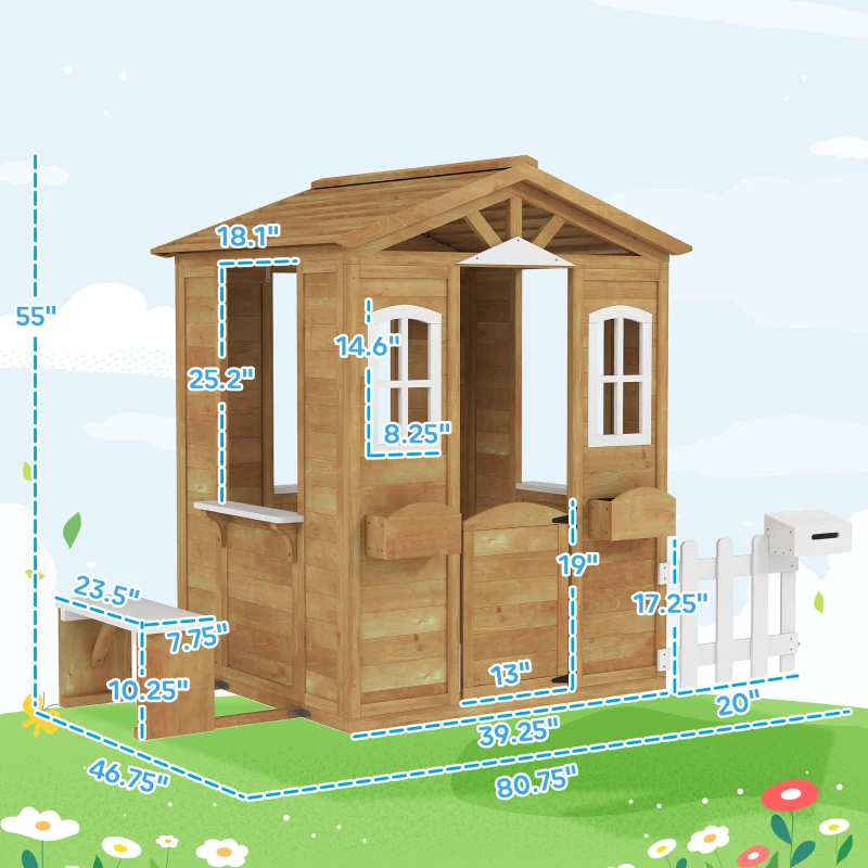 Outsunny Outdoor Playhouse for Kids Wooden Cottage with Working Doors Windows & Mailbox for Age 3-6 Years, Natural Wood