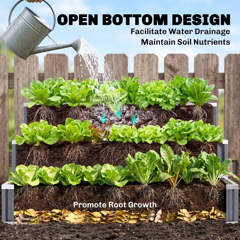Outsunny 3 Tier Raised Garden Bed Outdoor Metal Patio Planter Box with Gloves,  4' x 4' x 2' for Backyard, Patio to Grow Vegetables, Herbs, and Flowers, Gray