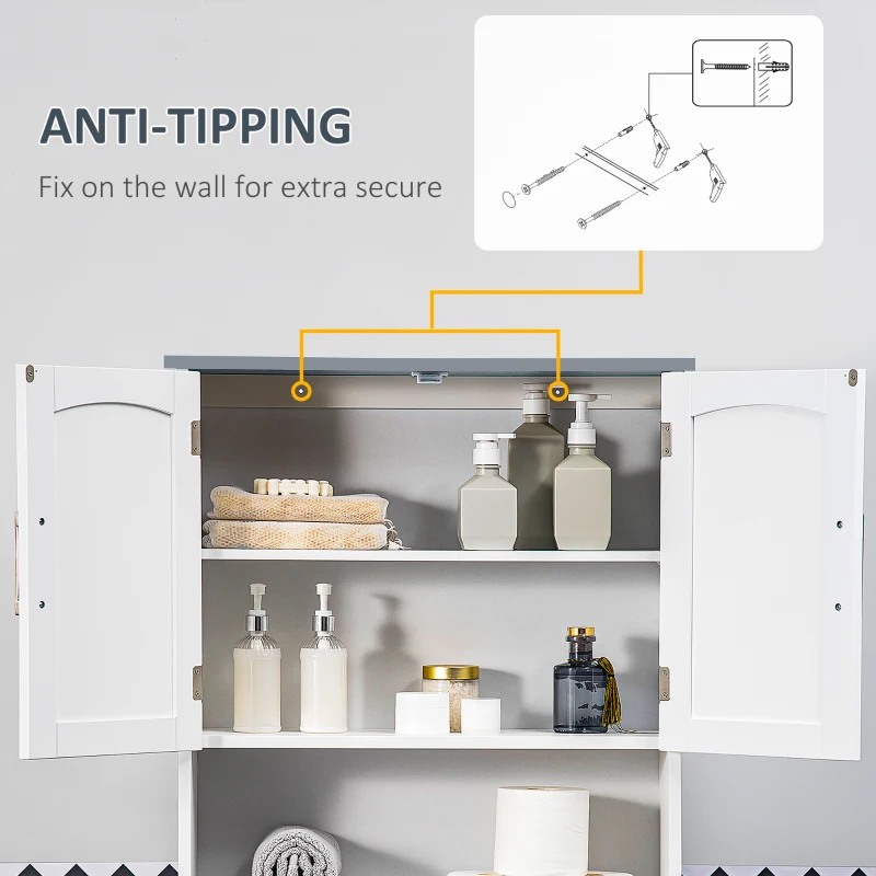 kleankin Modern Over The Toilet Storage Shelf, Double Door Over Toilet Bathroom Organizer with Adjustable Shelf and Open Shelf, Space Saver, White