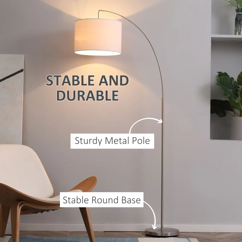 HOMCOM Arc Floor Reading Lamp, Tall Pole Standing Lamp with Hanging Fabric Lampshade for Living Room or Bedroom, Silver/White
