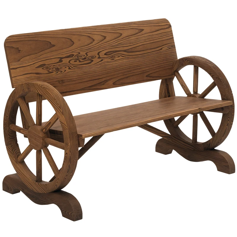 Outsunny Wooden Wagon Wheel Bench Rustic Design 2 Seater Garden Outdoor Chair High Back Loveseat