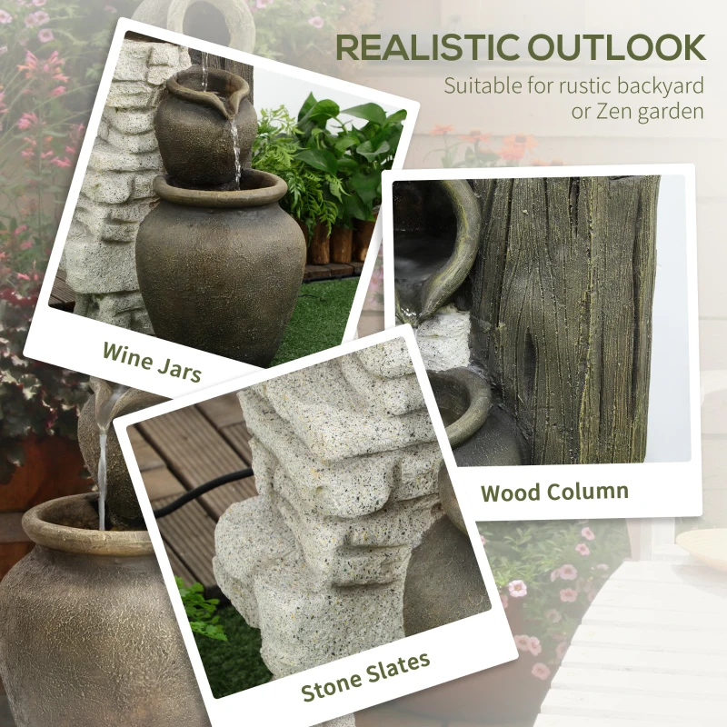 Outsunny Wine Jars Outdoor Waterfall Fountain with Adjustable Flow, 4-Tier Rustic Resin Cascading Water Fountain, Decorative Backyard Water Feature for Zen Garden, Deck, Porch