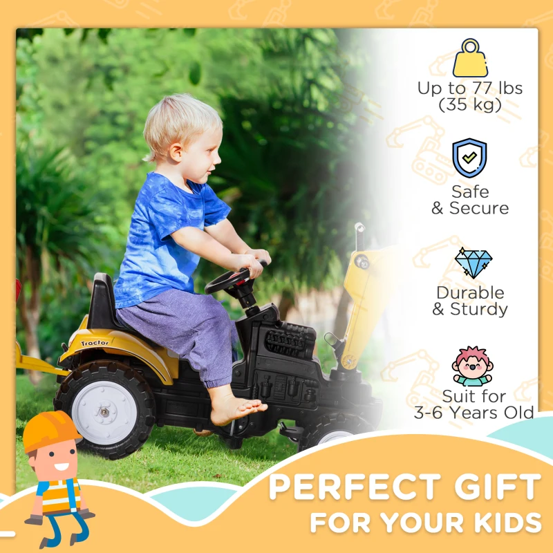 Aosom Digger Ride-on Truck Kids Car with Horn, Excavator Ride-on Toy, Imaginative Toy Construction Car, 6 Wheels & Detachable Trailer, Yellow