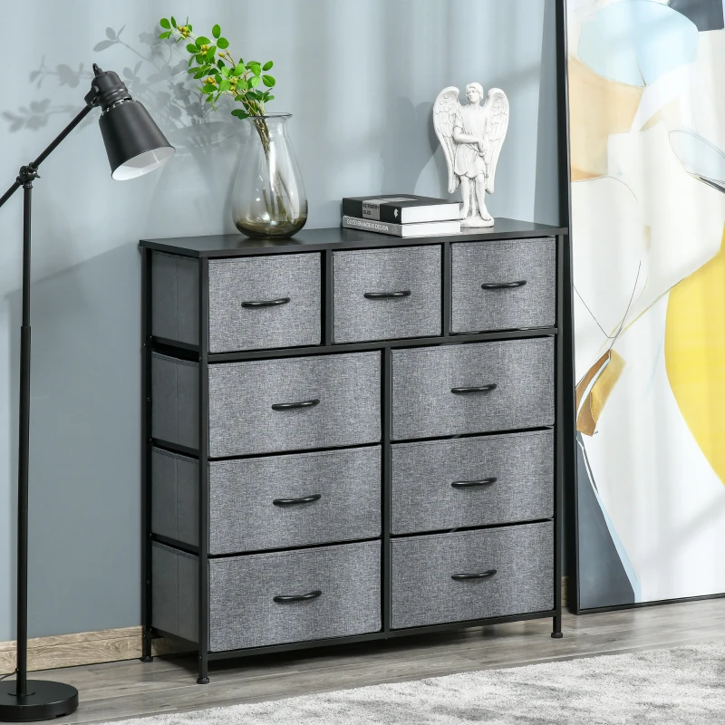 HOMCOM 9 Drawers Storage Chest Dresser Organizer Unit w/ Steel Frame, Wood Top, Easy Pull Fabric Bins, for Hallway, Closet, Entryway, Black & Gray