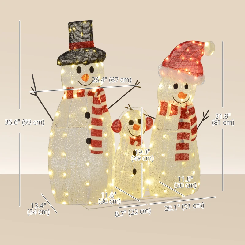 Outsunny 3-Piece Light Up Christmas Snowman Family Set of 3 Lighted Snowman Christmas Decoration for Indoor Outdoor White