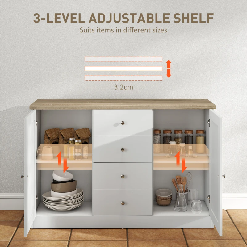 HOMCOM Country Style Sideboard Buffet Cabinet, Coffee Bar Cabinet with Adjustable Shelf, 2 Shaker Doors and 4 Drawers, White