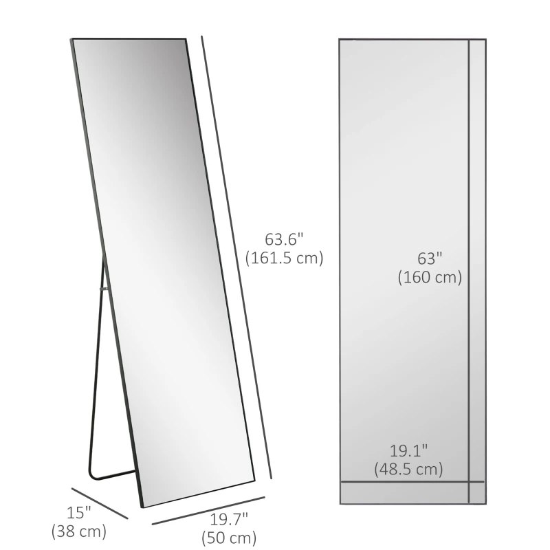 HOMCOM 64"x20" Full Length Mirror, Floor Standing, Wall-Mounted or Leaning Against Wall Tall Mirror w/Support Frame, Rectangular Full Body Mirror for Bedroom, Living Room, Black
