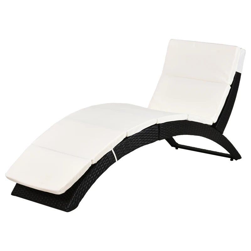 Outsunny Patio Foldable Wicker Chaise Lounge, PE Rattan Outdoor Lounge Chair, Bed with Cushion for Garden, Backyard, Lawn, Beige