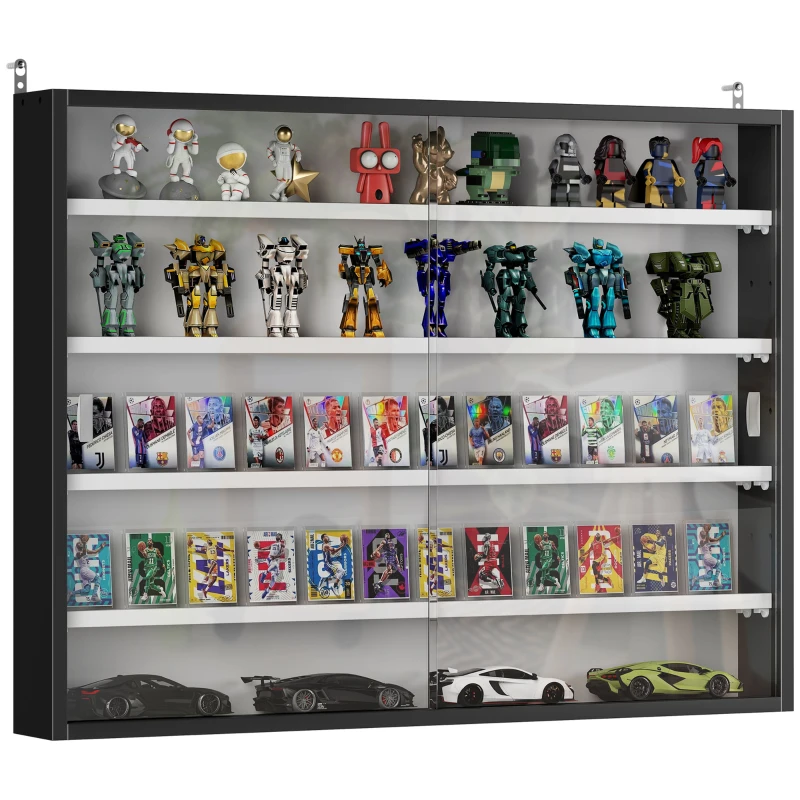 HOMCOM 5-Tier Display Cabinet, Wall-Mounted Display Case with 2 Glass Doors and Adjustable Shelves, Black