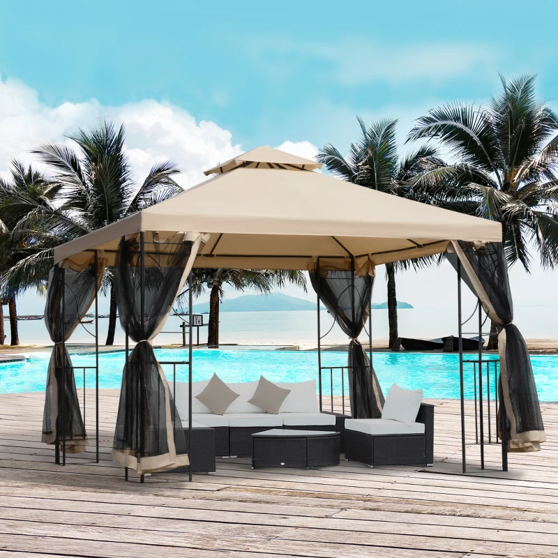 Outsunny 10x10ft Patio Gazebo, Outdoor Double Top Pavilion Canopy, Garden Event Party Tent Shelter, Yard Sun Shade Steel Frame w/ Mosquito Netting and Storage Tray