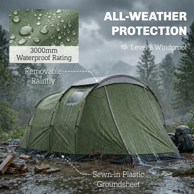 Outsunny Camping Tent Waterproof Camping Tent with Two Room for 3-4 Person Waterproof, Green